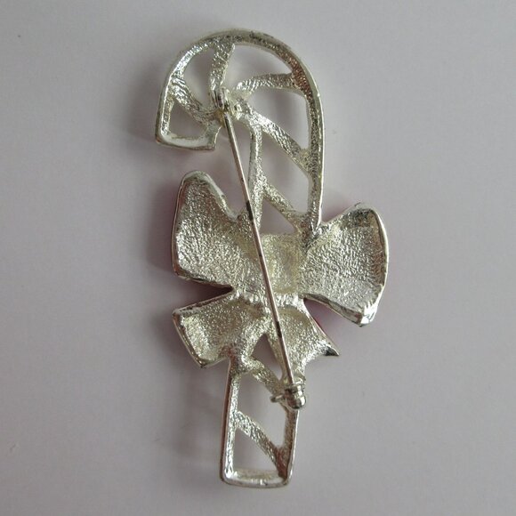 Candy Cane Brooch Pin Enamal Red Bow Holiday Christmas Silver Tone Openwork - Picture 2 of 9